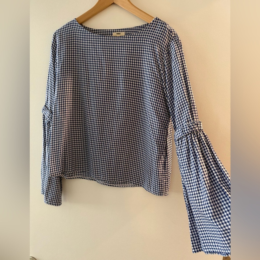 Blue Gingham Women's Top w/ Bell Sleeves